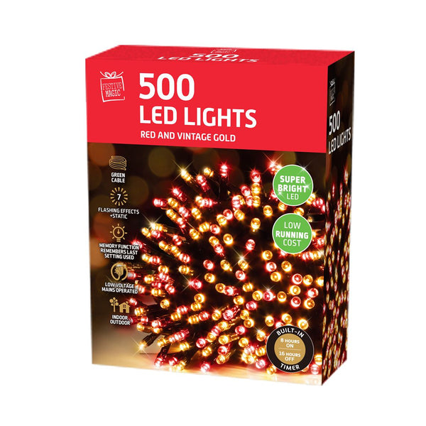 LED String Lights 500 Timer Red Vintage Gold | 8m Lead Wire, 5cm Spacing