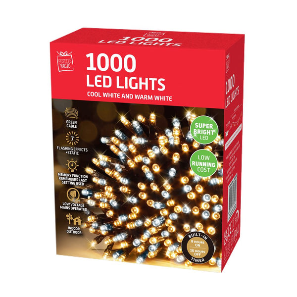 LED Lights 1000 Timer White Warm White | 8m Lead Wire, 5cm Spacing