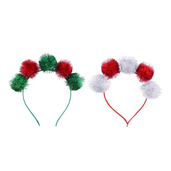 Tinsel Pom Pom Headband | Assorted Colours, Sateen Ribbon Band, 5 Poms