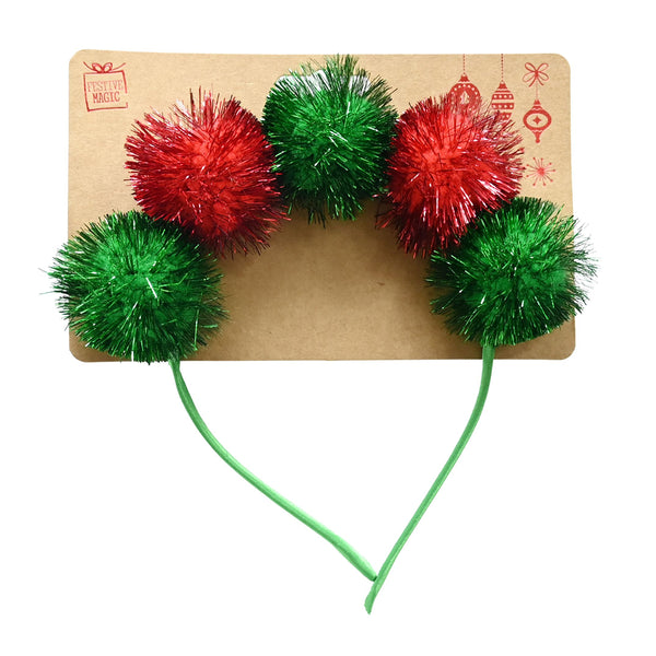 Tinsel Pom Pom Headband | Assorted Colours, Sateen Ribbon Band, 5 Poms