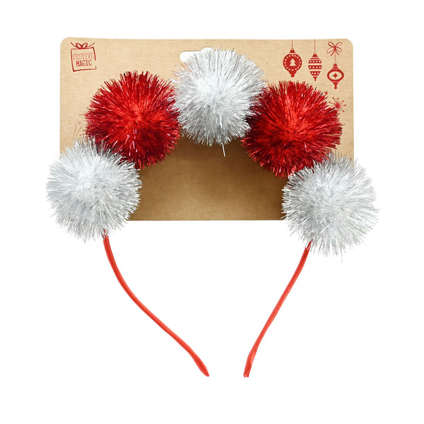 Tinsel Pom Pom Headband | Assorted Colours, Sateen Ribbon Band, 5 Poms