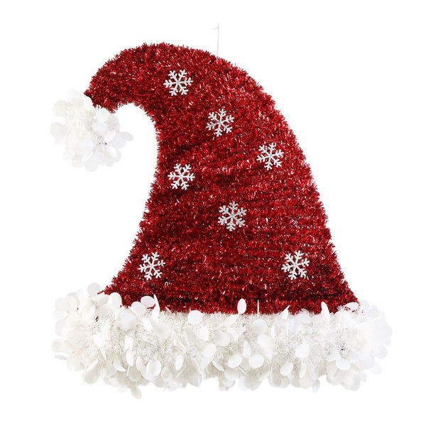 Tinsel Hat Plaque 46cm | Red Fine Cut with Silver Snowflake, White Trim