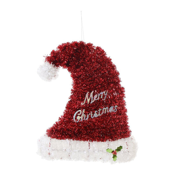 Tinsel Hat Christmas Plaque | Red with White Trim, 30cm, Silver Hanging Loop