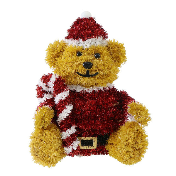 Christmas Tinsel Teddy Bear with Red Suit | 30cm, Red Hat, Candycane