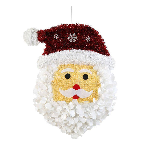 Tinsel Santa Face Plaque | 48cm, Red Hat with White Trim, Silver Snowflake