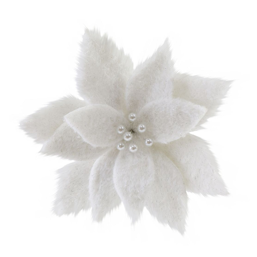 Snowy Fluffy Poinsettia Clip | 30cm, White with Silver Tinsel