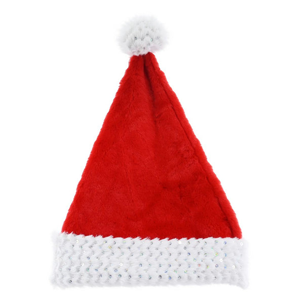 Red Plush Christmas Hat | White Trim and Pom Pom with Silver Sequins