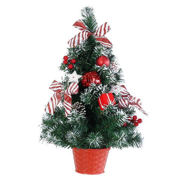 Snowy Candy Potted Pine Christmas Tree | 50cm, Red Glitter Bow, Baubles