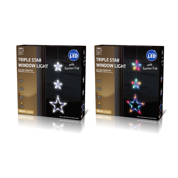 Festive Magic Triple Star LED Window Light with Timer - 80cm, Assorted Colours