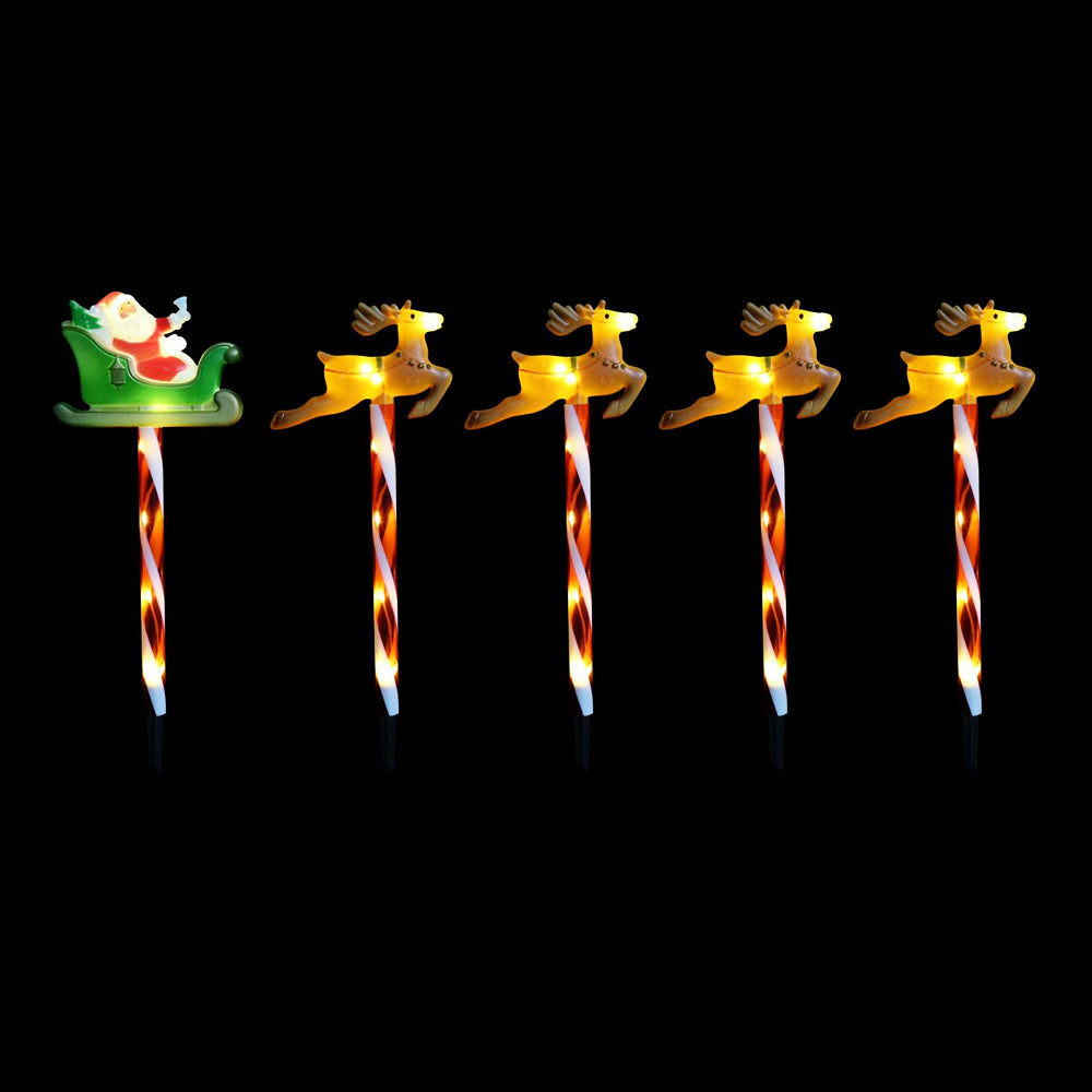 Timer Reindeer Santa Sleigh Candy Path Lights | Pack of 5, 7 Warm White LEDs Each