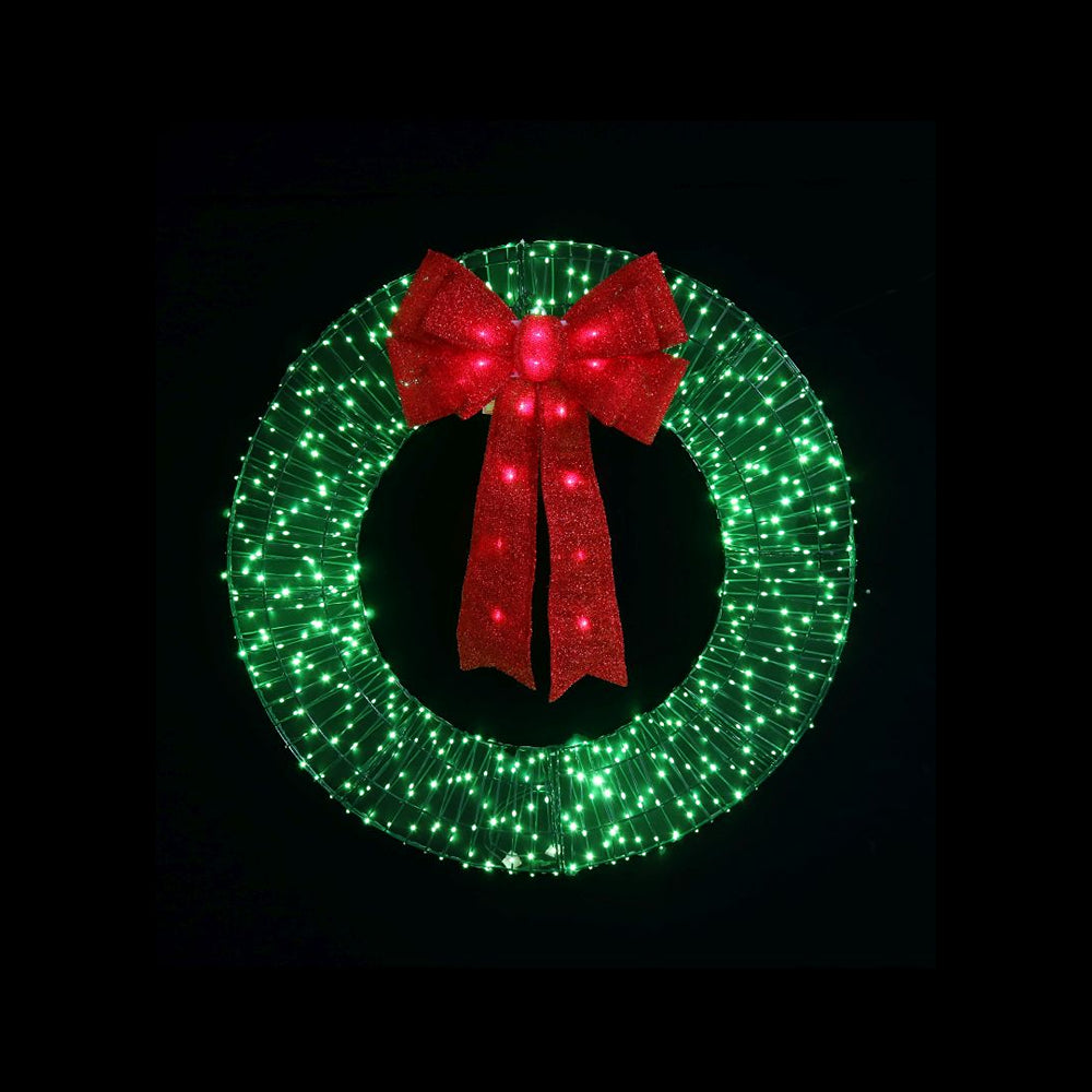 LED Flexi Cable Wreath with Lit Bow Green 90cm | 600 Dew Lights, 20 Red Lights