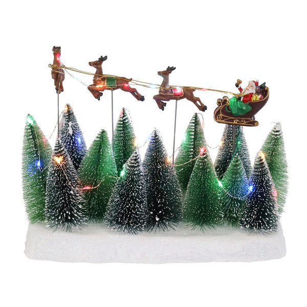LED Christmas Music Forest Scene with Flying Reindeer Santa Sleigh | USB or Battery Powered