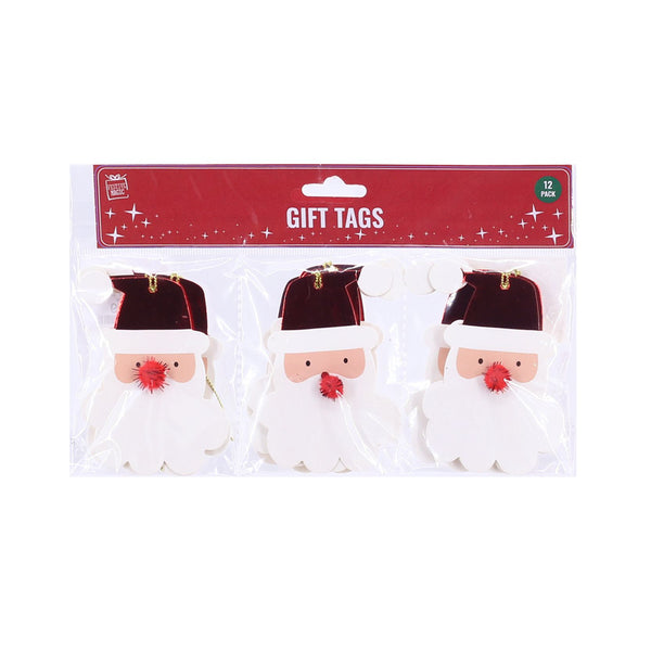 Foil Santa Gift Tags | Red Hat with Pom Pom Nose, 12 Pieces