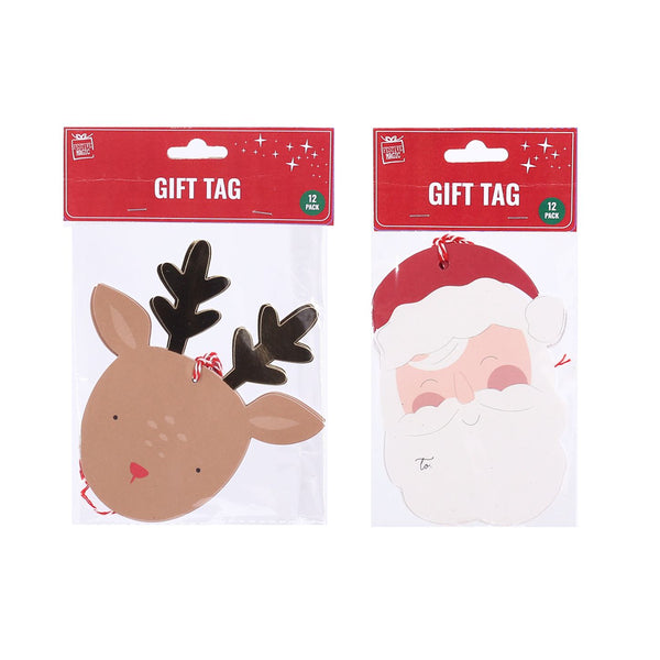 Oversize Gift Tags | 12 Pieces, Assorted Designs, Santa and Reindeer