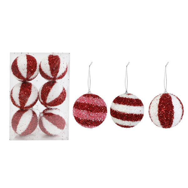 Candy Tinsel Baubles | Pack of 6, Assorted Designs, Red Pink White Pink