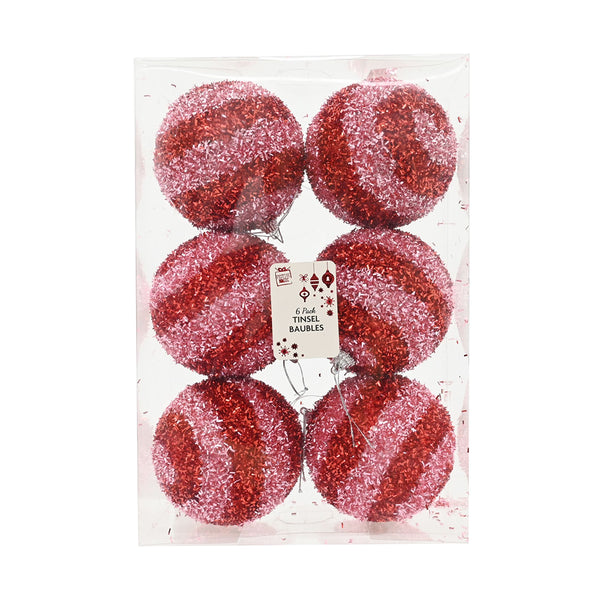 Candy Tinsel Baubles | Pack of 6, Assorted Designs, Red Pink White Pink