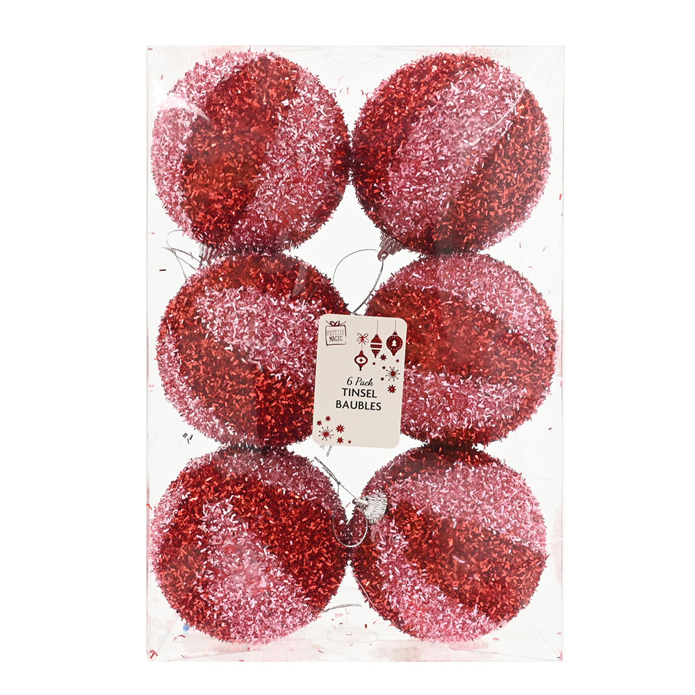 Candy Tinsel Baubles | Pack of 6, Assorted Designs, Red Pink White Pink
