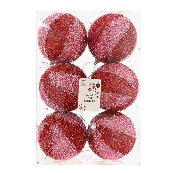 Candy Tinsel Baubles | Pack of 6, Assorted Designs, Red Pink White Pink