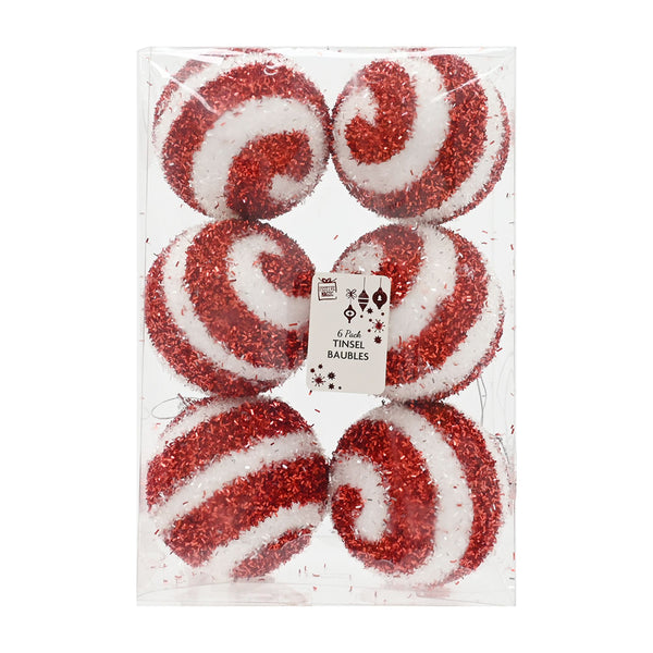 Candy Tinsel Baubles | Pack of 6, Assorted Designs, Red Pink White Pink