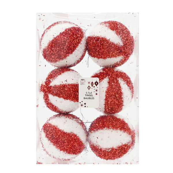 Candy Tinsel Baubles | Pack of 6, Assorted Designs, Red Pink White Pink