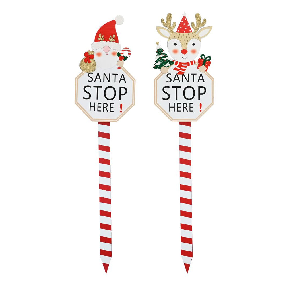 Santa Stop Here Character Stake | White Red Stripe, Assorted Designs
