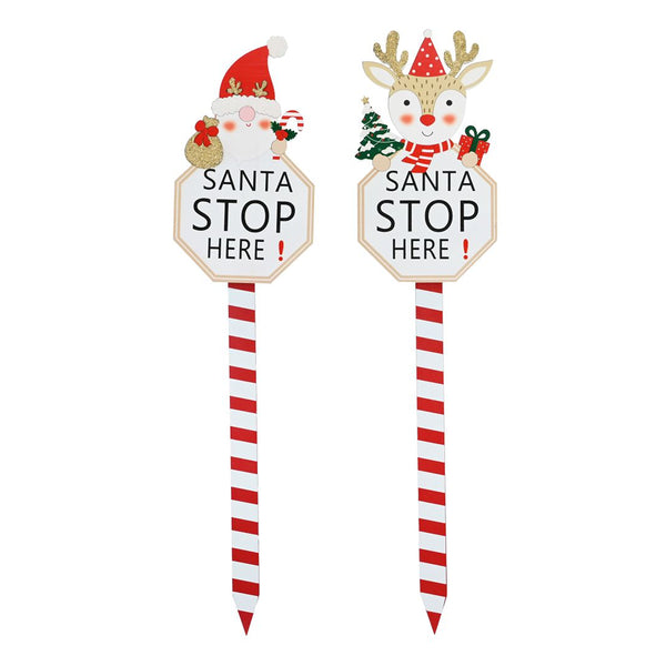 Santa Stop Here Character Stake | White Red Stripe, Assorted Designs
