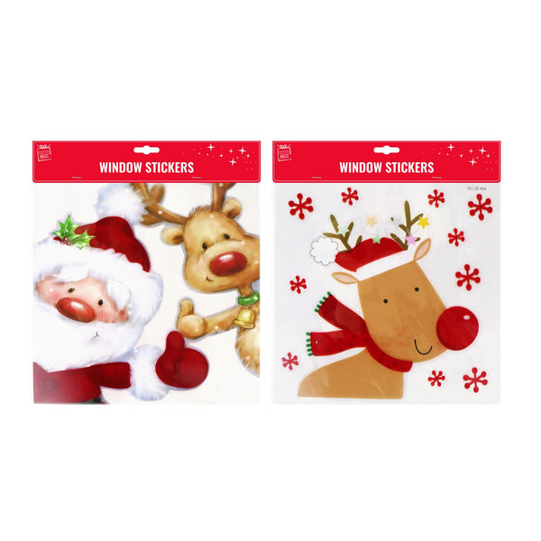 Window Sticker Flocked Santa with Reindeer | Red Flocked, Assorted Designs