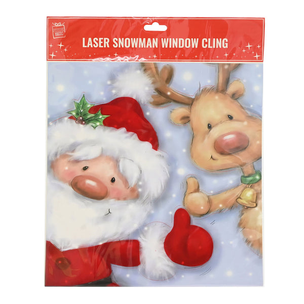 Window Sticker Flocked Santa with Reindeer | Red Flocked, Assorted Designs
