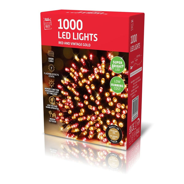 Festive Magic 1,000 LED Christmas Lights - Red and Vintage Gold, Timer