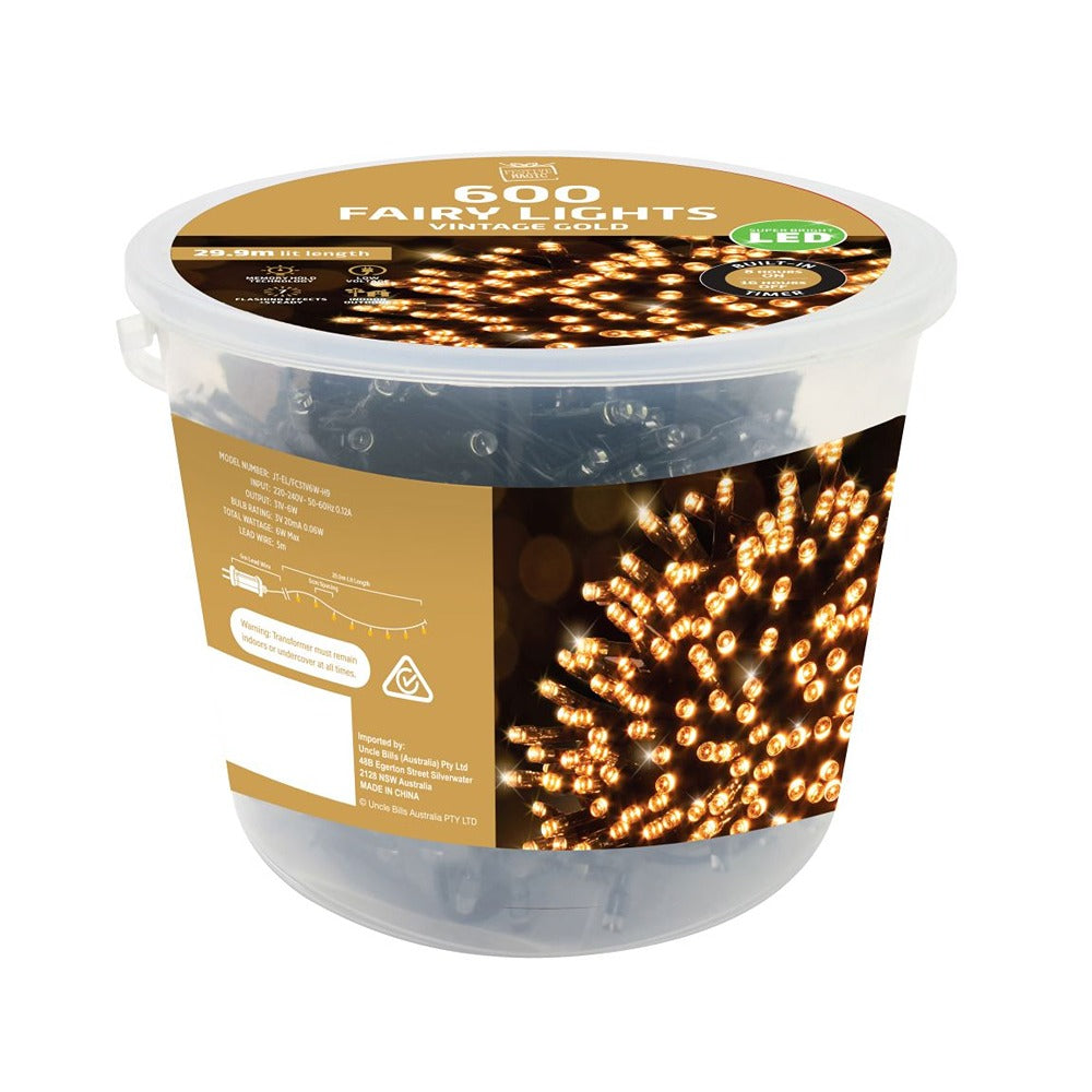 Festive Magic 600 Vintage Gold LED Fairy Lights - 29.9m, 8-Hour Timer