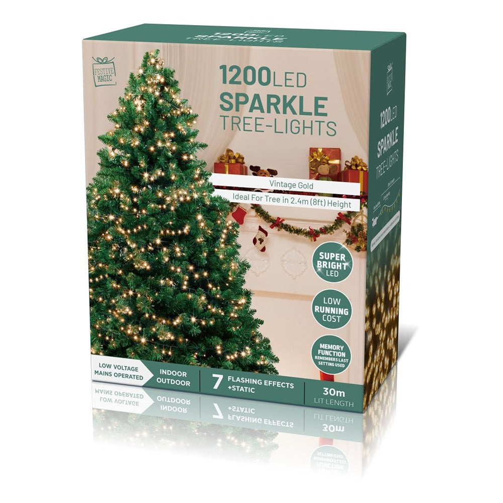 Festive Magic Vintage Gold LED Christmas Tree Lights - 1,200, 30m, Timer