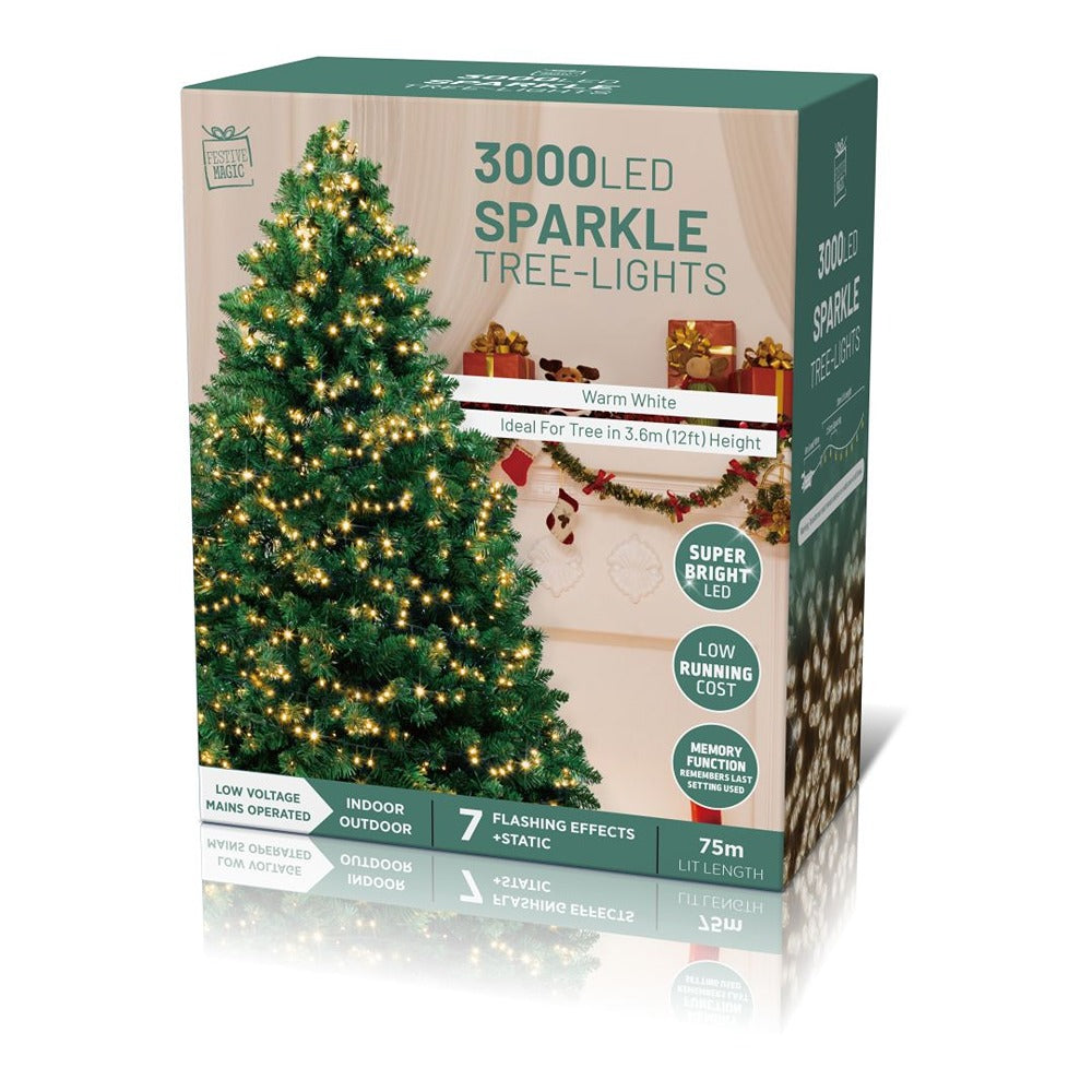 Festive Magic 3,000 Warm White LED Compact Christmas Lights - 75m, Timer