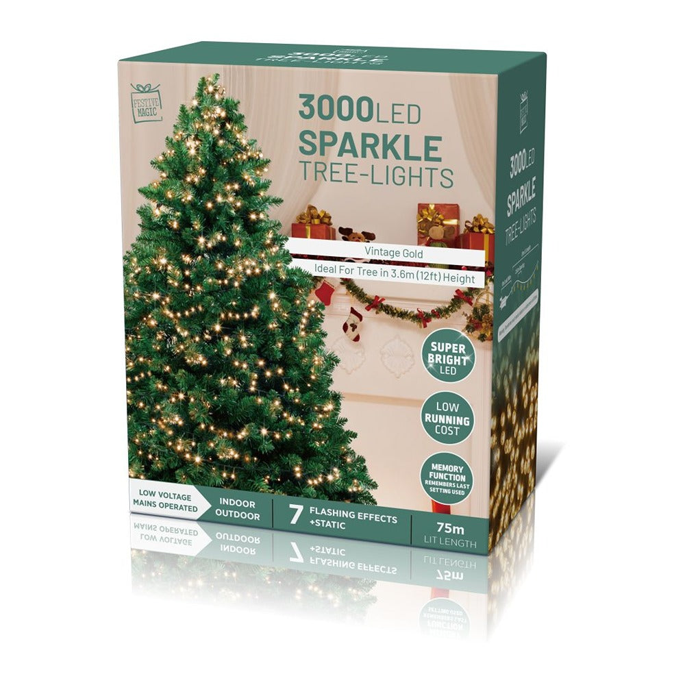 Festive Magic Vintage Gold Compact LED Christmas Lights - 75m, 3,000 LEDs, Timer