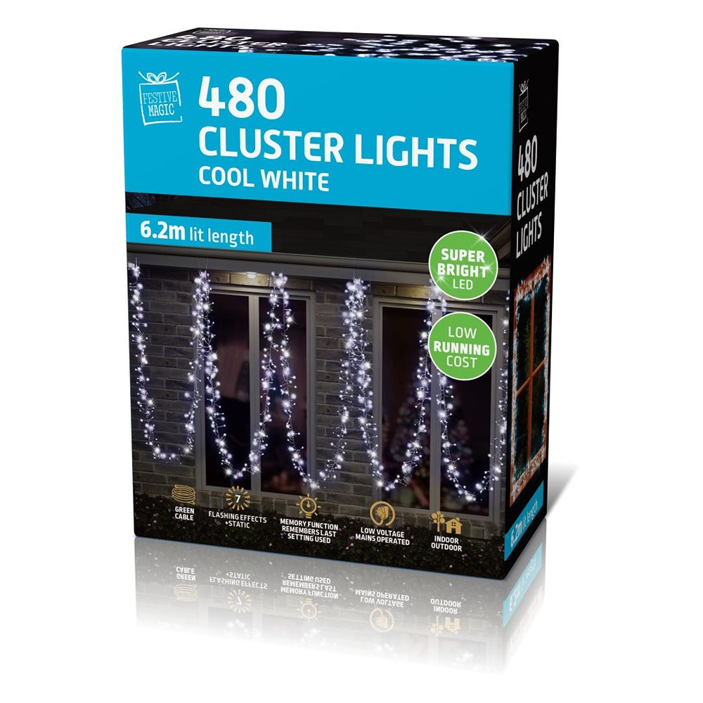 Festive Magic 480 LED Cluster Christmas Lights - Cool White, 6.2m