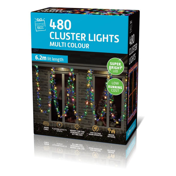 Festive Magic 480 LED Cluster Christmas Lights - Multicolour, 6.2m