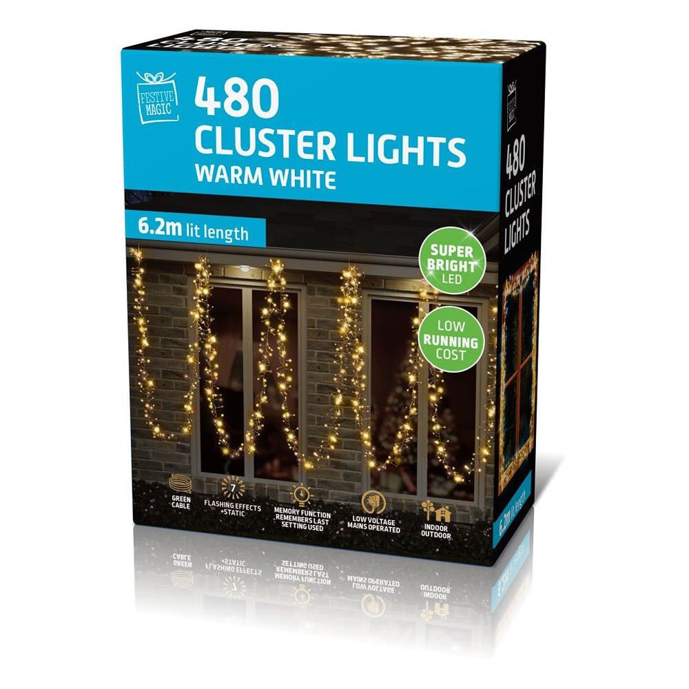 Festive Magic 480 Warm White Cluster LED Christmas Lights - 6.2m
