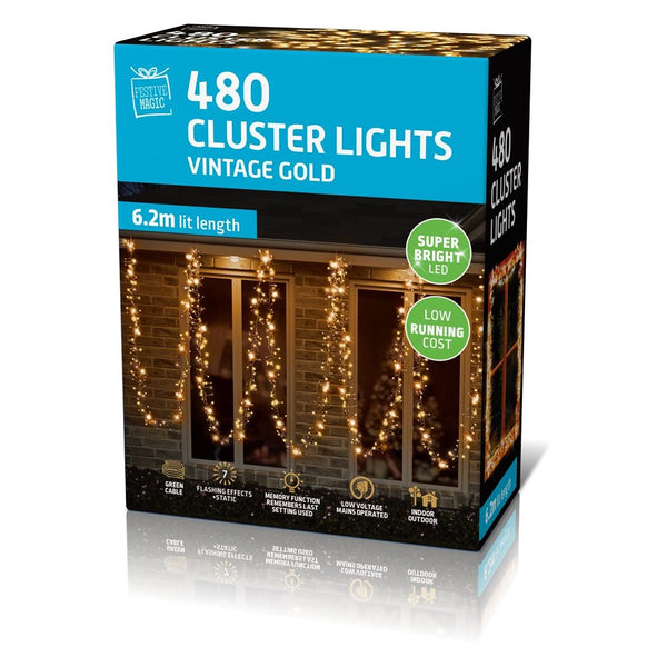 Festive Magic 480 LED Vintage Gold Cluster Lights - 6.2m, Indoor and Outdoor