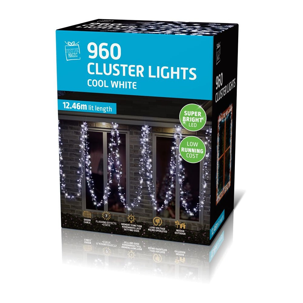 Festive Magic 960 Cool White LED Cluster Lights - 12.46m, 8 Effects
