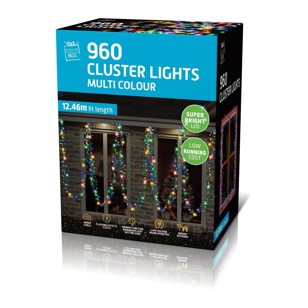 Festive Magic 960 LED Cluster Christmas Lights - Multicoloured, 12.46m