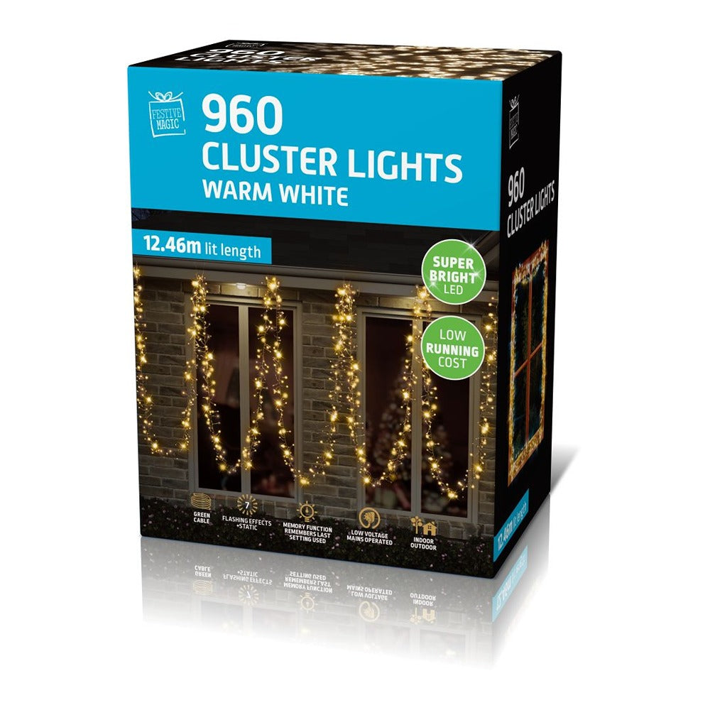 Festive Magic 960 Warm White Cluster LED Christmas Lights - 12.46m