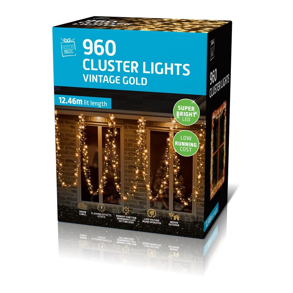Festive Magic 960 LED Cluster Christmas Lights - Vintage Gold, 12.46m