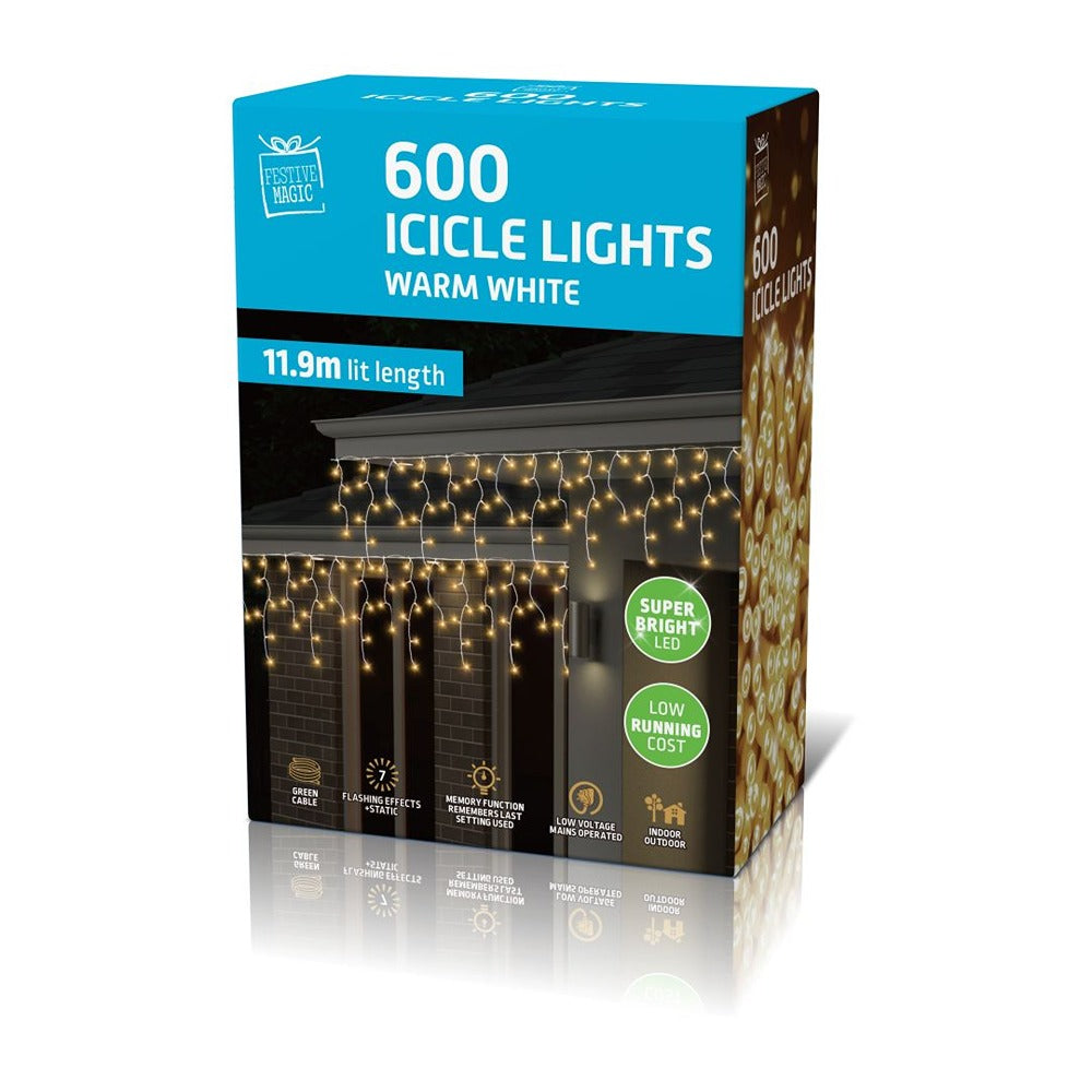 Festive Magic 600 LED Icicle Christmas Lights - Warm White, 11.9m