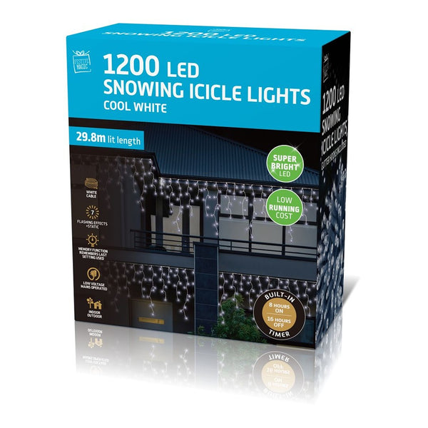 Festive Magic Snowing Icicle Lights - 1,200 Cool White LEDs, 29.8m