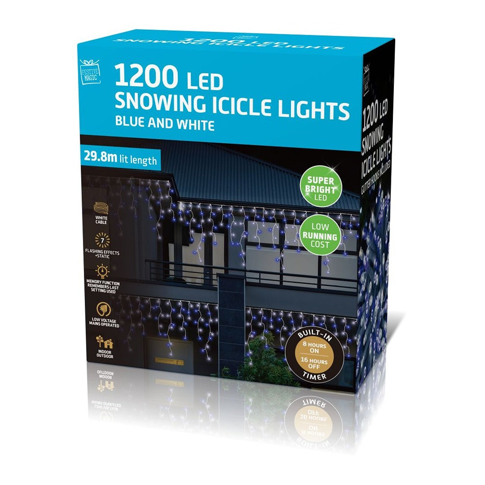 Festive Magic 1,200 White and Blue LED Snowing Icicle Lights - 29.8m