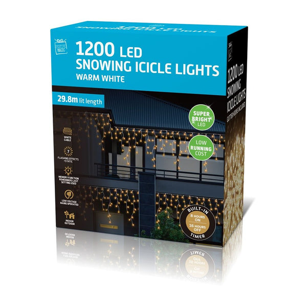 Festive Magic Snowing Icicle Christmas Lights - 1,200 Warm White LEDs