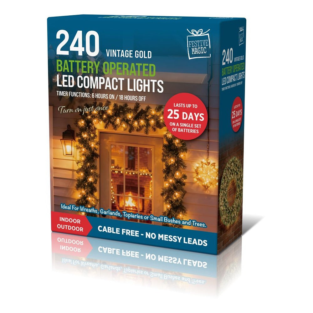 Festive Magic Vintage Gold LED Wreath and Garland Lights - 240 Lights, Timer