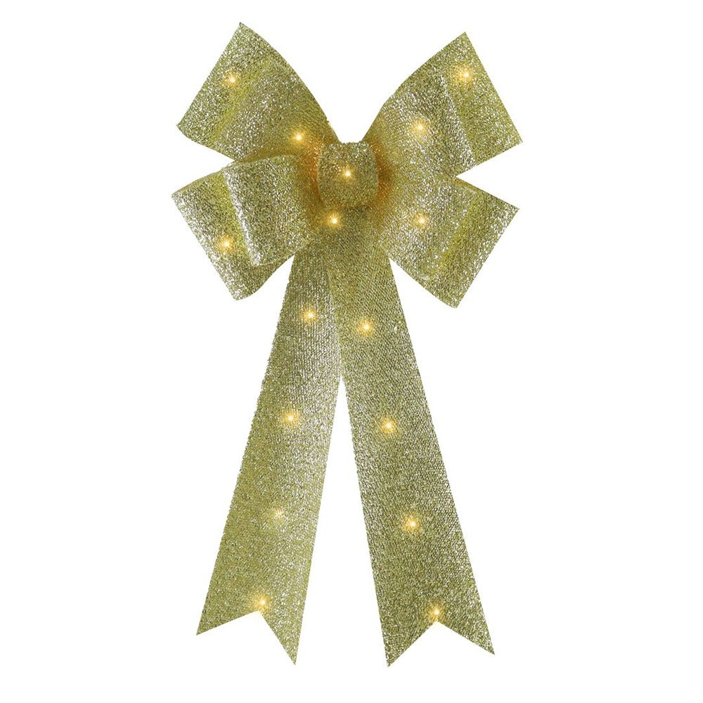 Festive Magic Light-Up Tinsel Bow - Gold, 35 x 60cm, Warm White Lights