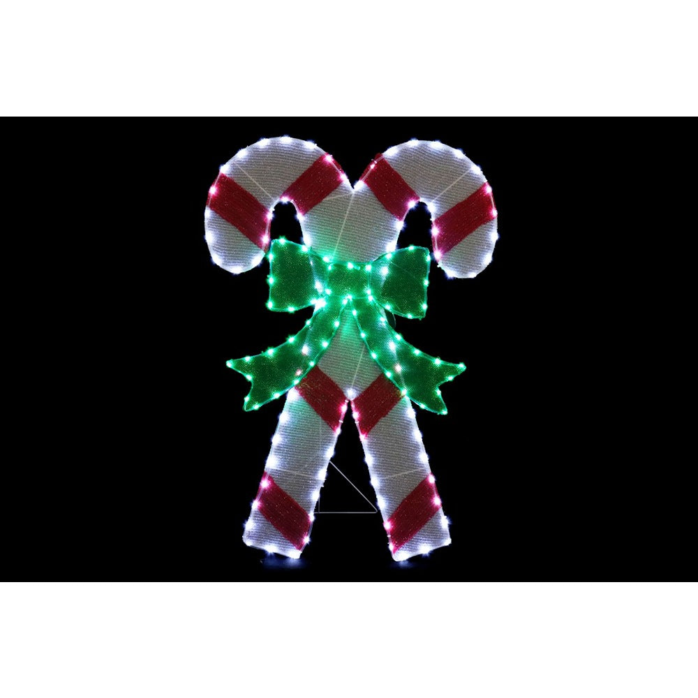 Festive Magic LED Mesh Tinsel Candy Cane Decoration - Crossed Design, Green Bow