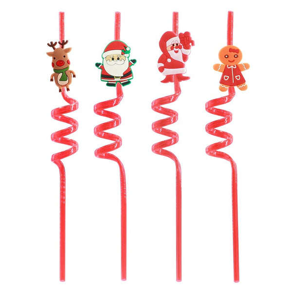 Festive Magic Christmas Spiral Drinking Straws - Pack of 4, Assorted Designs