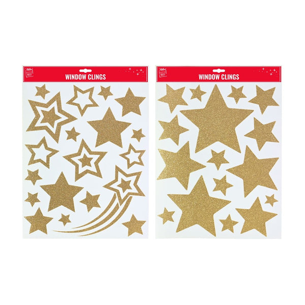 Festive Magic Gold Glitter Star Window Clings - Assorted Designs